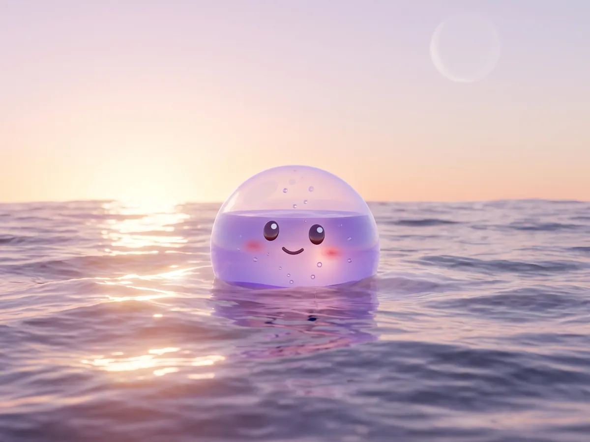 Bubbly's buddy, a glassy lilac bubble with a smiling face, floating on a calm sea at dawn